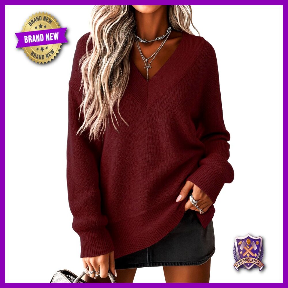 V-Neck Pullover Sweater Side Slit Long Sleeve Knit Winter Top Trendy